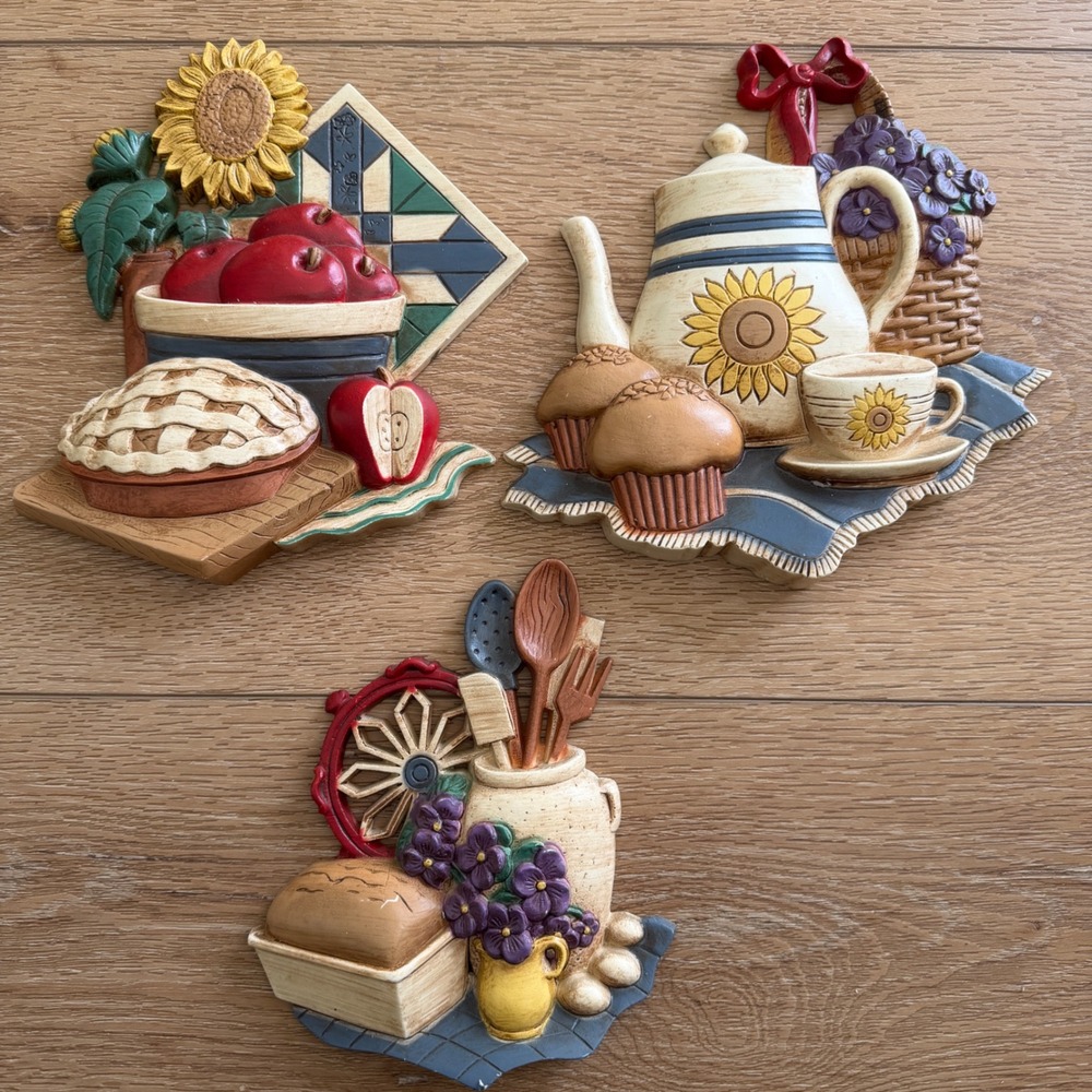 Vintage Home Interiors Kitchen Wall Plaques Set of 3 Sunflowers 1997 Cottagecore